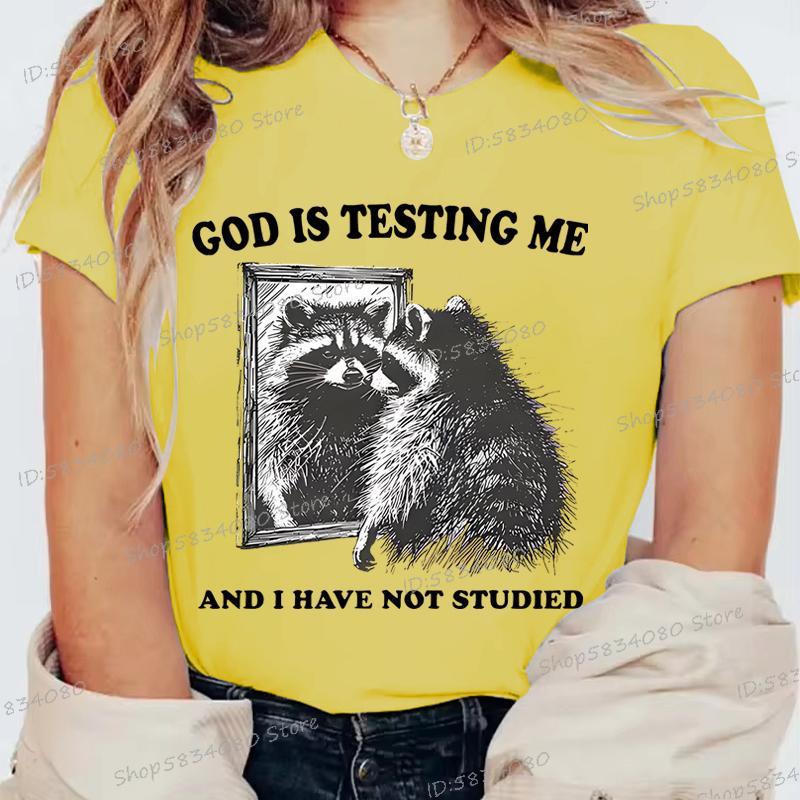 God Is Testing Me Print Funny Raccoon Women T Shirt Street Casual Retro Raccoon Tshirts Round Neck Short Sleeve FeUnisex Tshirts
