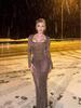 European & American Heavy Industry Rhinestone Sexy Slim-fit Long-sleeve See-through Evening Dress
