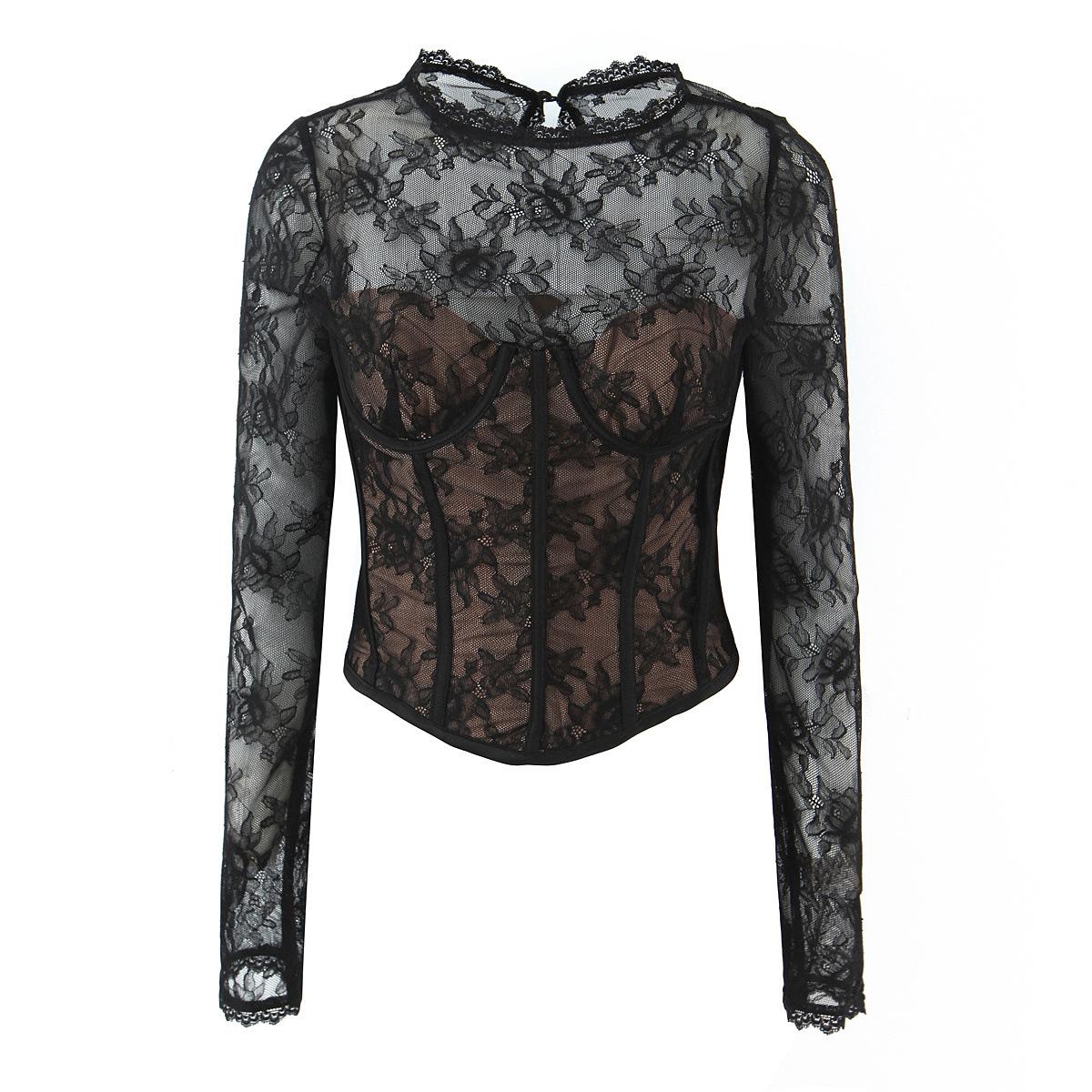 Women s Black Lace Crochet Long Sleeve See-Through Waist-Cinching Shirt - Spring/Summer Style Large чёрный