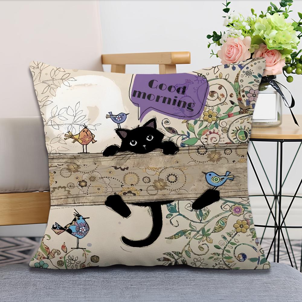 

винтажный французский мягкий удобный наволочка с черным котом мультяшный для дивана гостиной кошачьей комнаты дома офиса ретро декор защитный чехол 45x45CM(18x18in)