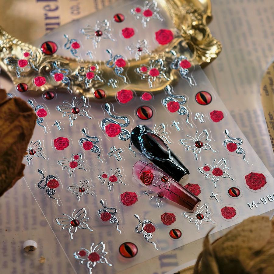 Autocolante de Unghii din Sticlă Pisată cu Ștanțare la Cald cu Ferită M980 - Seria Trandafir Roșu și Adeziv Jelly