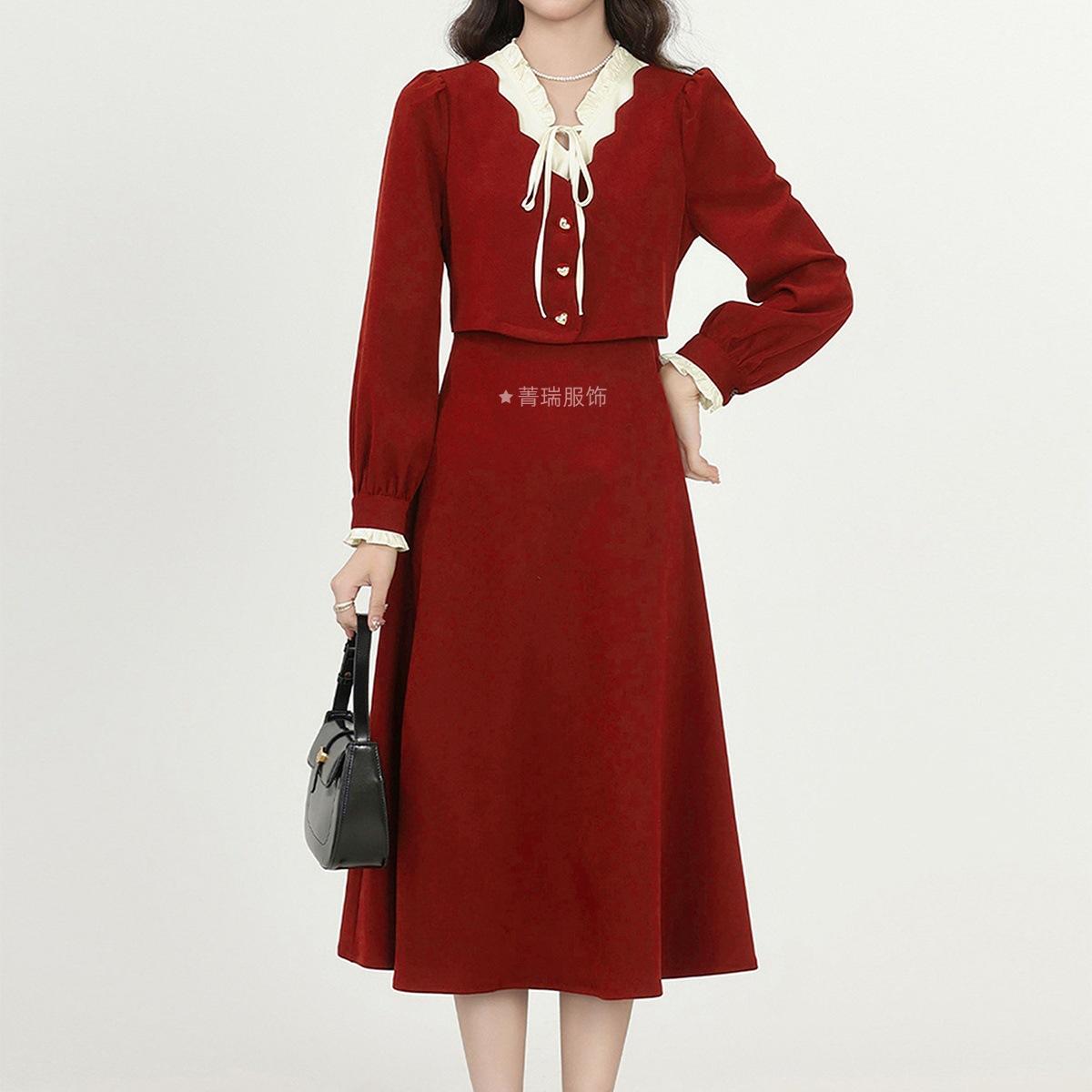 

Женское платье французского элегантного банкетного стиля с кружевом и длинными рукавами, комплект из двух частей XL красный