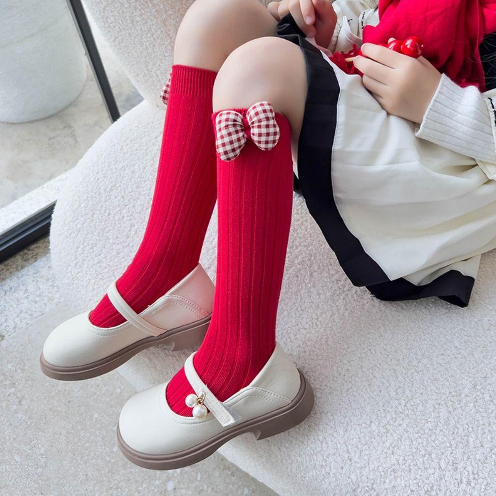 Cotton Bow Hosiery for Kids Middle Tube Children Long Socks Cute New Year Red Socks  Home Socks
