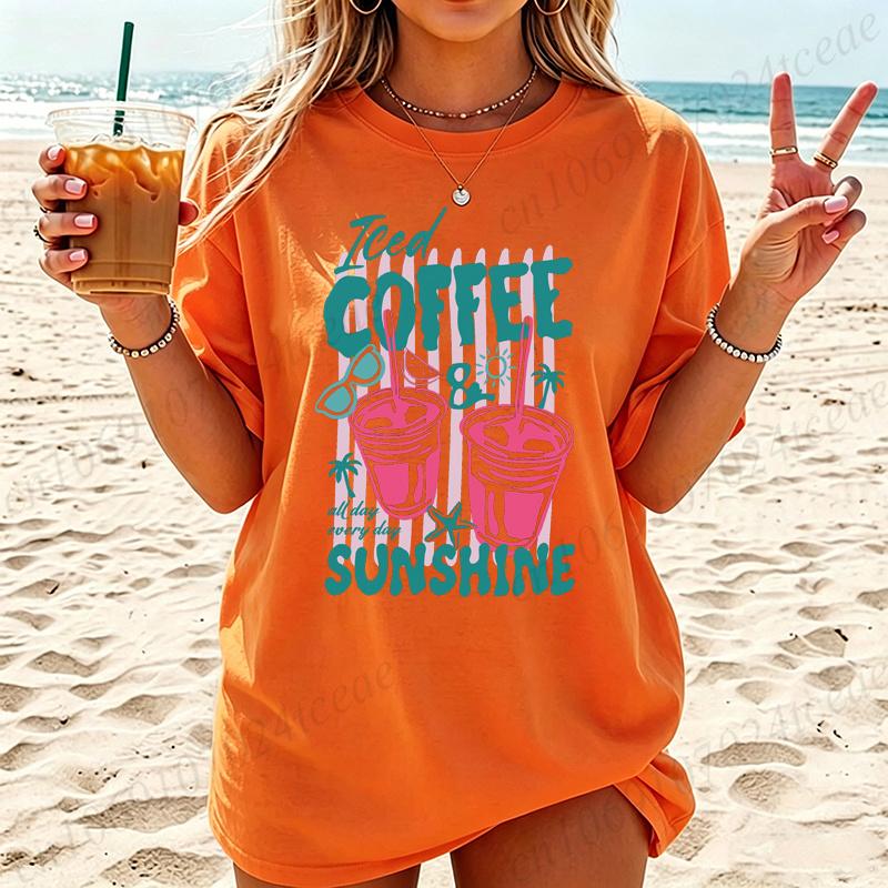 Summer New Fashion T-Shirts Coffee Graphic Women's T-Shirt Sunshine Beach Graphic Clothing Cute Drink Aesthetic Women Tee Tops