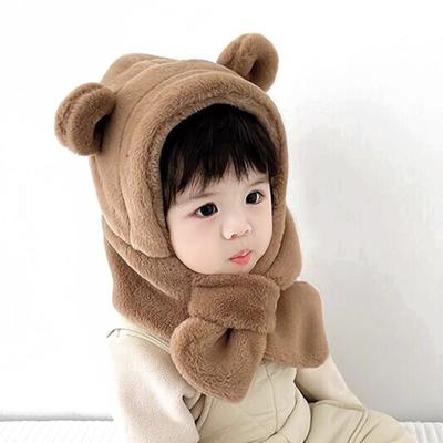 Winter Baby Hat Scarf One-Piece Faux Fur Kids Hats Cartoon Bear Warm Neck Ear Cap For Boys Girls Windproof Beanies Infant Stuffs