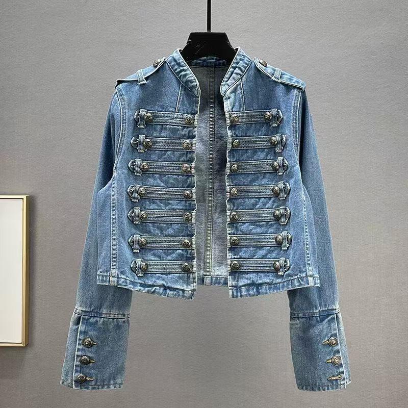 GlowGirl Wiosna Jesień Vintage Niebieska Dopasowana Krótka Jeansowa Kurtka Damska Stójka Wieloprzypinany Design Długi Rękaw Jeansowa Kurtka Streetwear