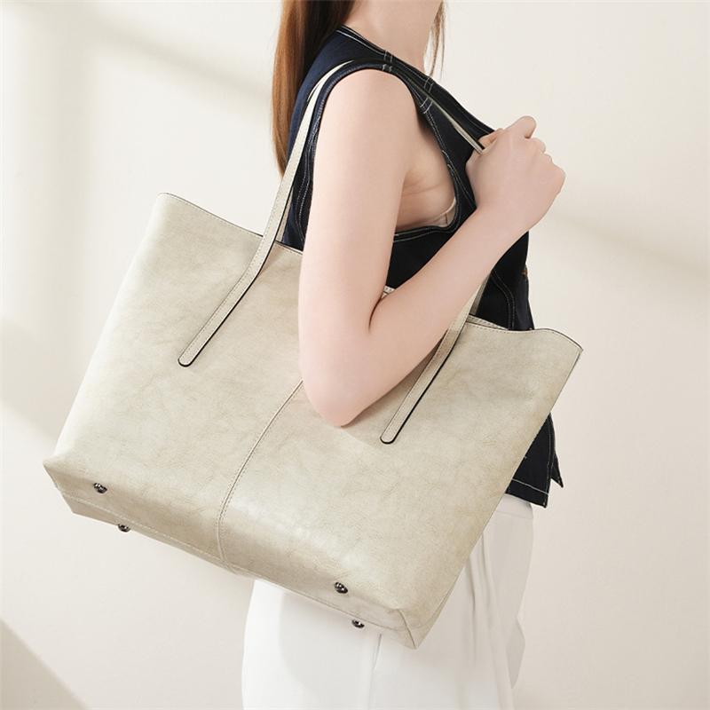 BURMINSA Retro Oil Wax Genuine Leather Handbag For Women 2026 Designer Large Capacity Office Tote Elegant Business Shoulder Bags