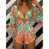 Long Sleeve Mesh Girdle One-Piece Swimsuit Women's High Waist Printed Drawstring Bikini High Waist Skinny