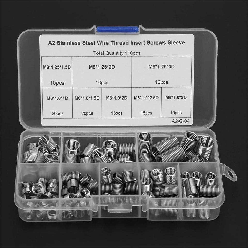 110Pcs M6 M8 Stainless Steel Threaded Insert Coiled Wire Screw Bushing Thread Set Helical Thread Recovery Kit