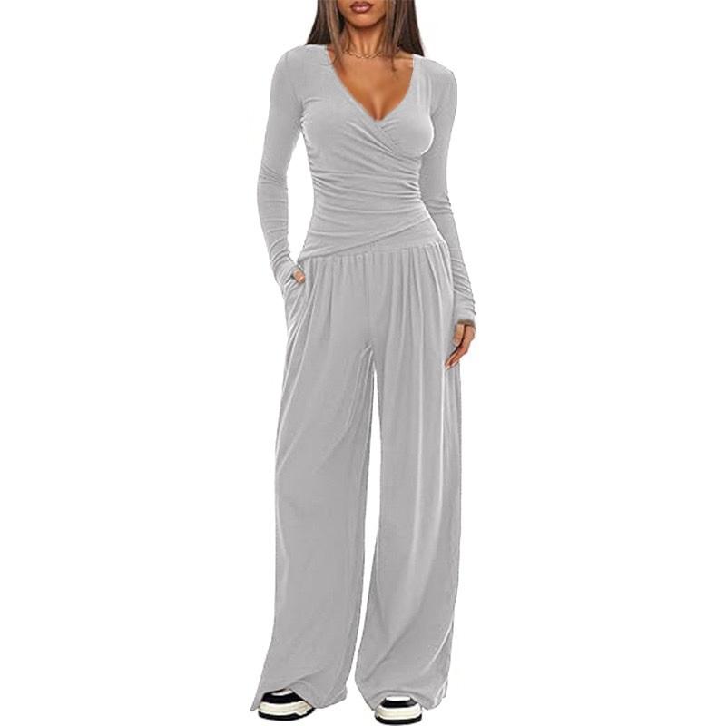 Women 2‑Piece Outfit V‑Neck Long Sleeve Ruched Top High Waist Wide Leg Pants Casual Loungewear Tracksuit Set