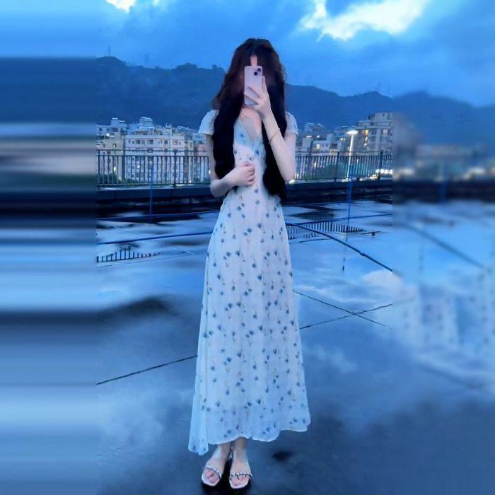 

French white v-neck floral short-sleeved dress women s summer new seaside vacation temperament long dress S белый