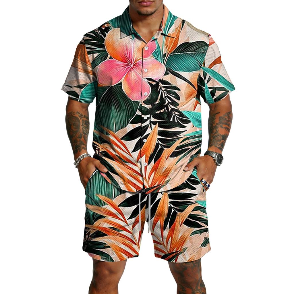 Conjunto casual de dos piezas para hombre con estampado, top ligero y transpirable con pantalones cortos de cordón