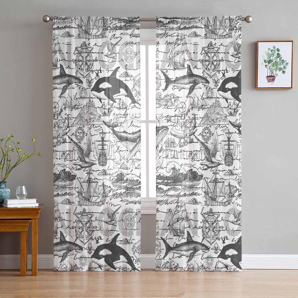 Ocean Summer Vintage Dolphin Window Tulle Curtains for Living Room Bedroom Hotel Luxury Decoration Sheer Curtains