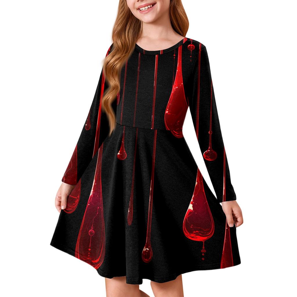 Girls' Summer Princess Dress Halloween Day- Long Sleeve A-Line T-Shirt Dress