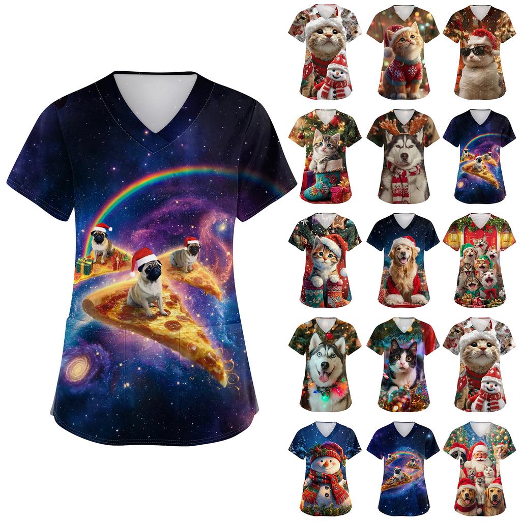 Women's V-neck Christmas printed short-sleeved pocket side-slit protective suit top