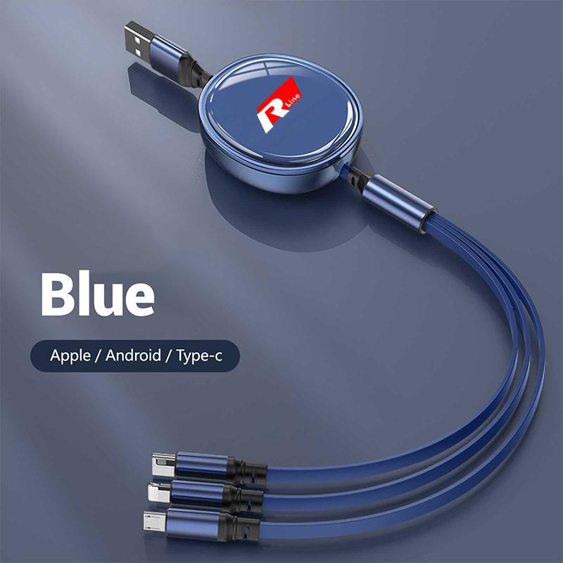 For VW 3In1 Retractable 100W Fast Charge Cable For iPhone USB Type C/Micro For Volkswagen VW R-line GTI R Polo Golf Passat Tig