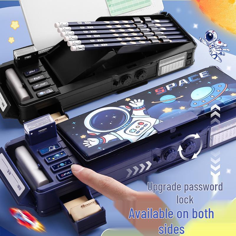 Multifunctional Blue Combination Lock Pencil Case for Boys - Black Technology Design for Elementary Students
