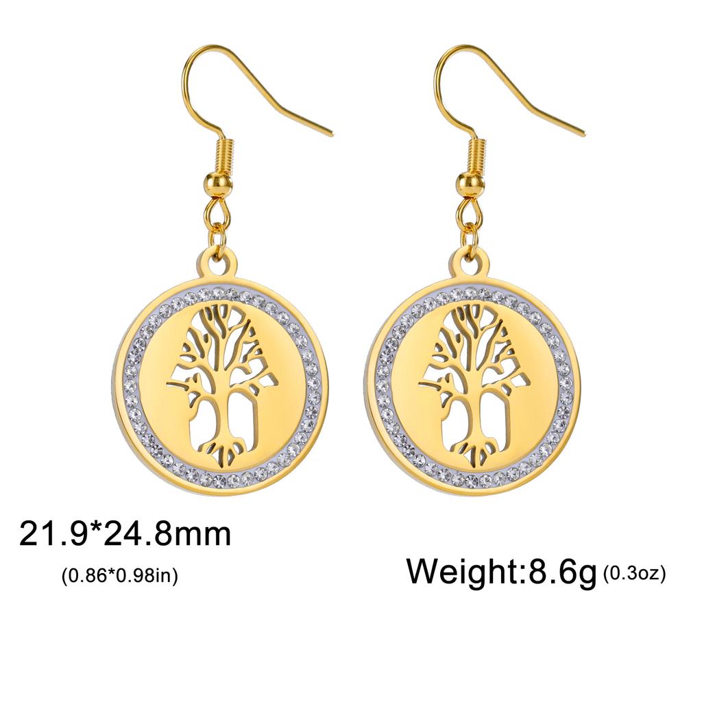 Tree of Life Women's Earrings Stainless Steel Gold Clear Zircon Round Pendant Dangle Earring Amulet Jewelry Gift