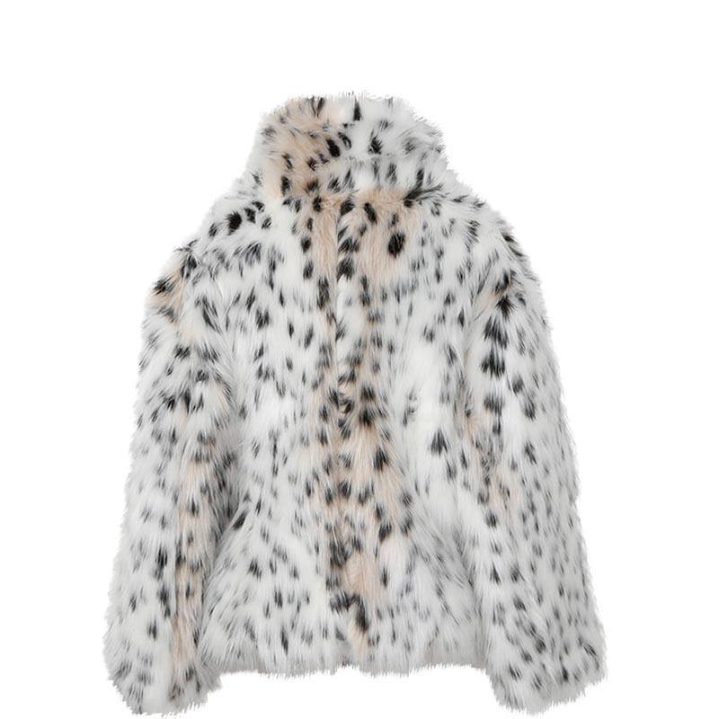 S-2XL Winter Warm Open Stitch Plush Overcoat Women Faux Fox Fur Black White Dot Leopard Cardigan Ladies Thick Short Coat