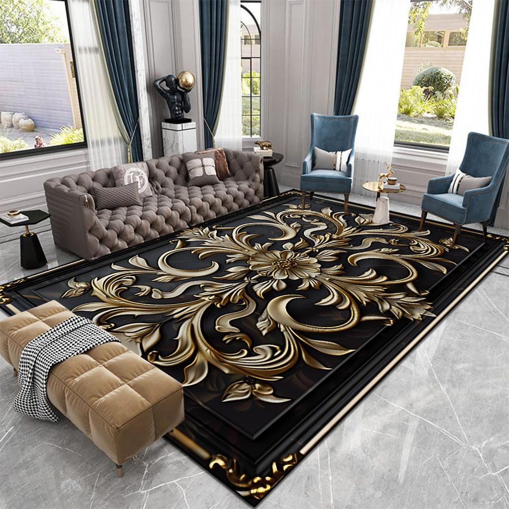 Luxusní velké koberce v evropském stylu pro obývací pokoj Zlatá dekorace Domácí salonek Pohovka Podložka na podlahu Protiskluzové Pratelné koberce do ložnice