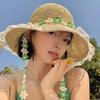 Straw Hat Wide Brim Embroidery Lace Splicing Beach Hat Embroidered Floral Adjustable Chin Strap Summer Sun Protection Hat