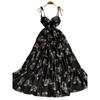 Sexy Cutout V-neck Strap Dress Women's Summer Vacation Wear Tight Waist Slimming Flounce Floral Chiffon Skirt