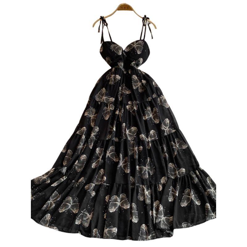 Sexy Cutout V-neck Strap Dress Women's Summer Vacation Wear Tight Waist Slimming Flounce Floral Chiffon Skirt