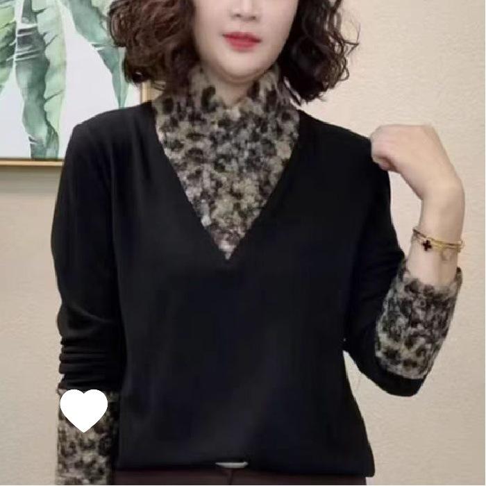 

New Fashion Leopard Print Half High Neck Long Sleeve Slimming Mother s Warm Patchwork Base Layer Shirt 2XL чёрный