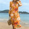 Fashionable lady's V-neck mid-length casual long-sleeved dress