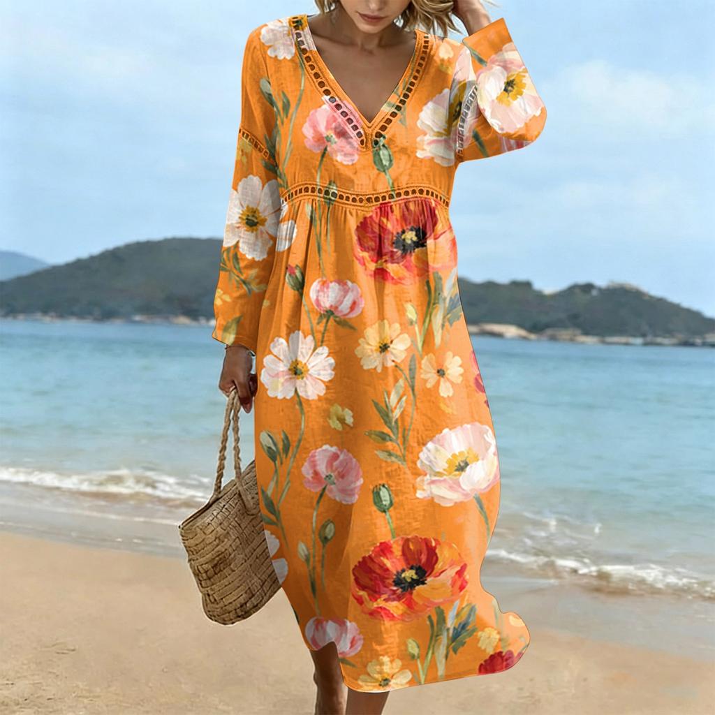 Fashionable lady's V-neck mid-length casual long-sleeved dress