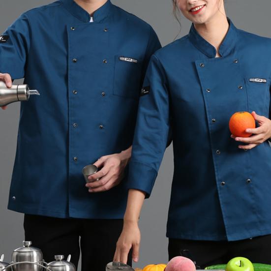 Top da chef Tasca tinta unita Manica lunga Bottoni da catering leggeri a doppio petto Taglie forti Camicia da cuoco unisex Abbigliamento da chef