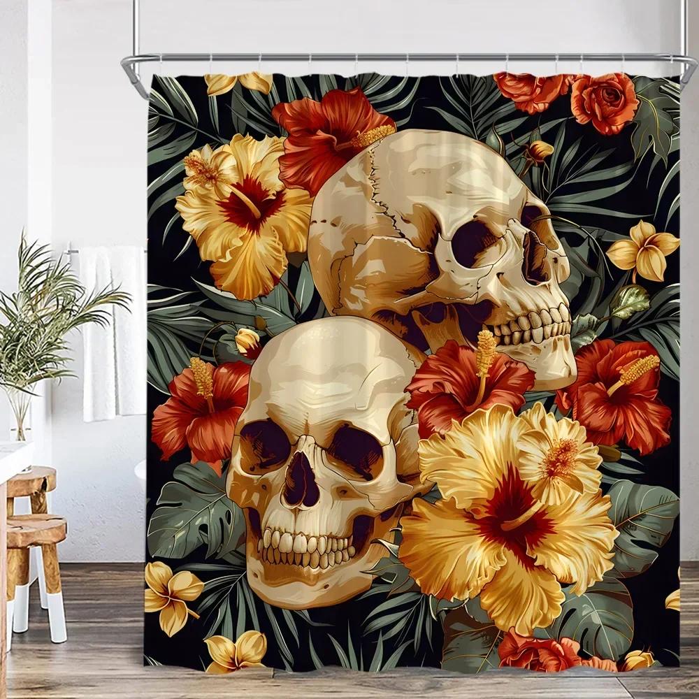 Funny Skull Bone Shower Curtain Halloween Flower Green Leaves Bathroom Decoration Vintage Skull Polyester Shower Curtain