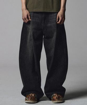 NOT4NERD Linen Like Curved Semi Wide Denim Pants - Black