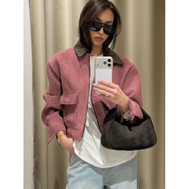 Spring Pink Casual Jacket Women's Loose Fit Streetwear Front Zipper Pockets Lounge Wear Daily Outerwear