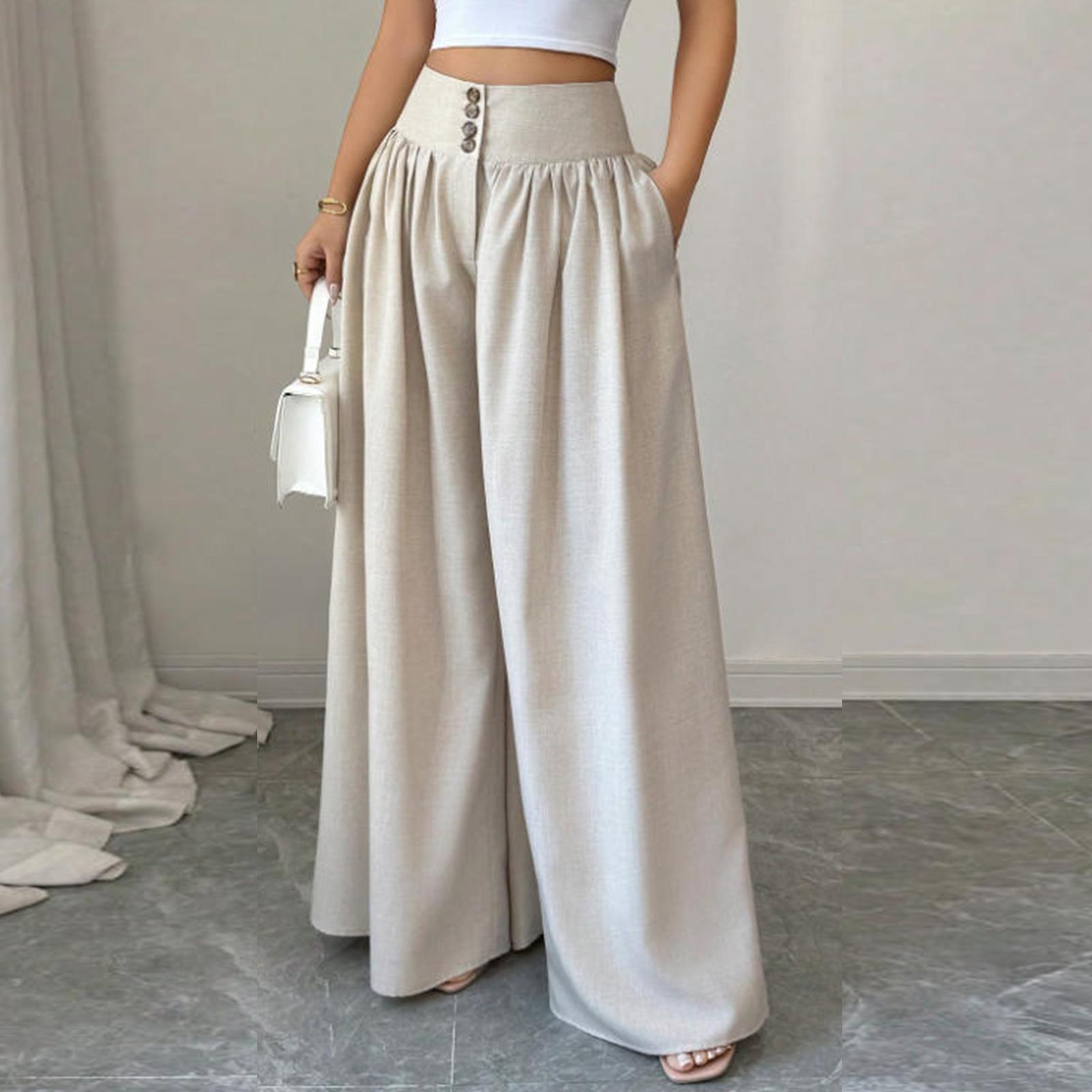 Women s Casual  Button Pleated Loose Wide Leg Casual Pants L