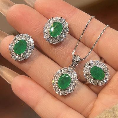Huayue Jewelry Set S Silver Needle Earrings Necklace Simulation Paraiba Emerald Female