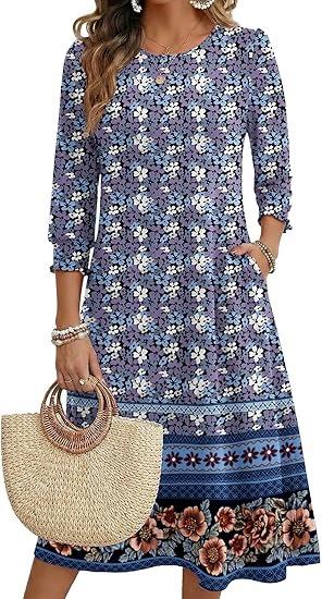 Women's Summer, Pocket Seven-Sleeve Floral Medium and Long Casual Dress