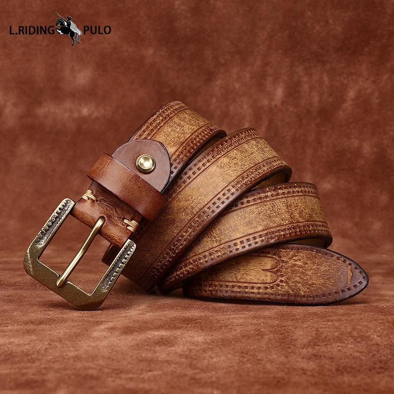 Retro Personality Embossed Matte Leather Belt Men's First Layer Cowhide Casual Jeans Belt
