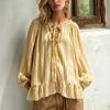Women's Casual Loose Fit Striped Long Sleeve Round Neck Self-Tie Blouse