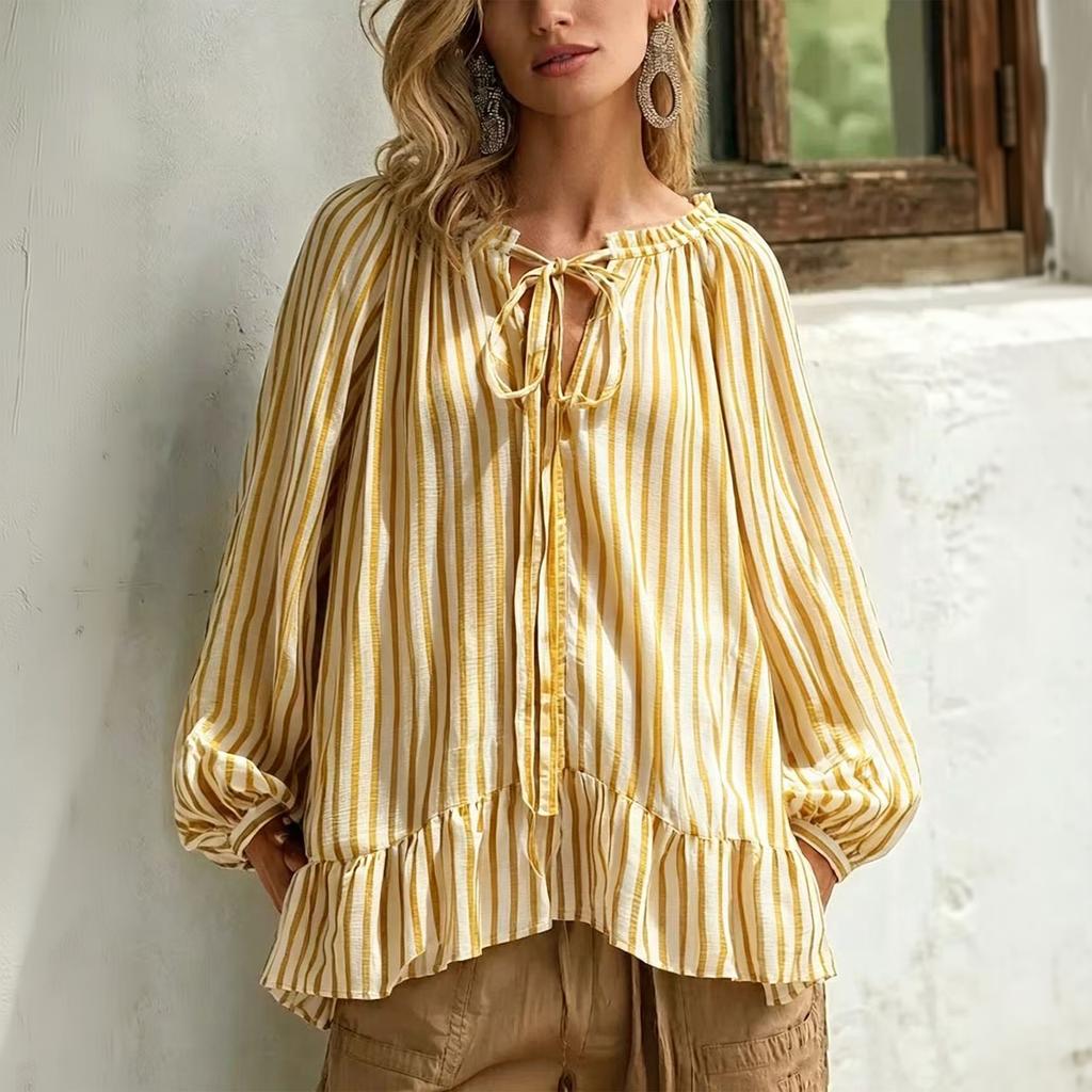 Women's Casual Loose Fit Striped Long Sleeve Round Neck Self-Tie Blouse