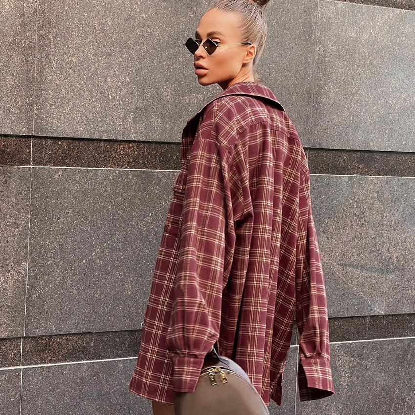 Fall Vintage American Red Scottish Plaid Antique Shirt Women Casual Loose Long Sleeve Blouse Plus Size