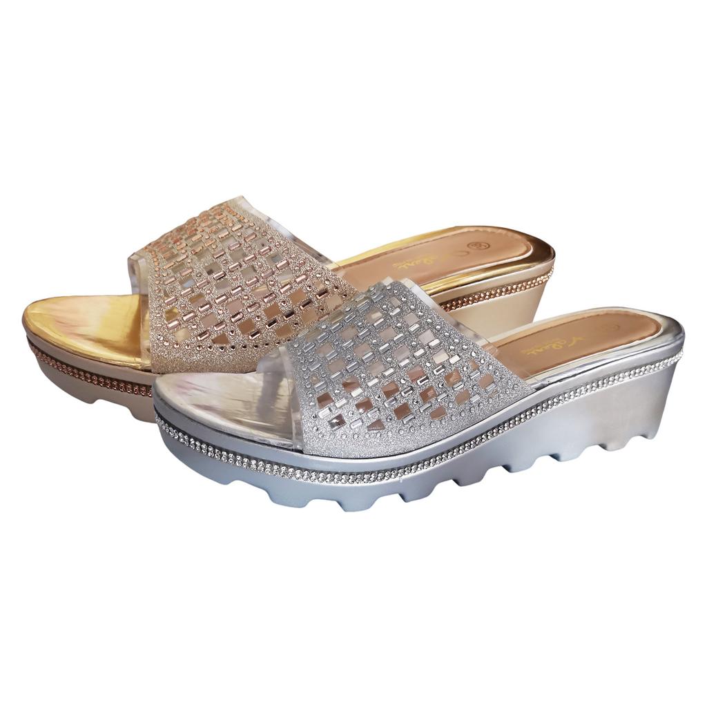 Elegant Narrow Band Clip Toe Shoes Ladies Rhinestone Hollow Thick Bottom Outside Wear Slope With Large Size
