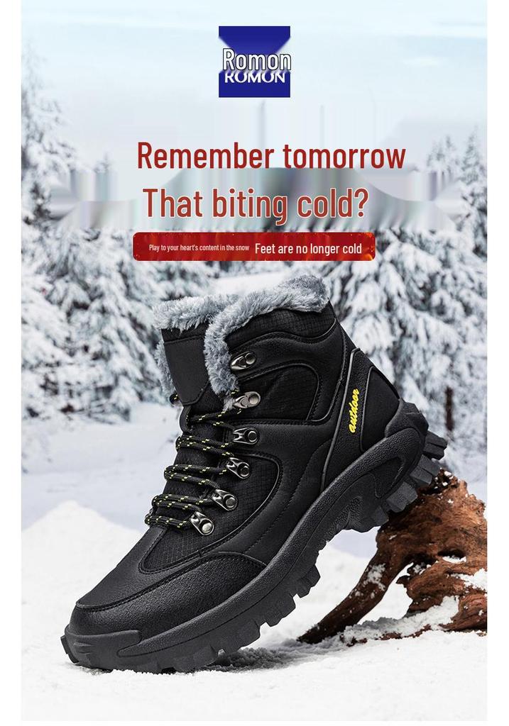 Men's Winter 2025 Snow Boots: New Style Leather & Fur, Velvet-Lined, Thickened Warm Genuine Leather, Cold-Resistant, Large Cotton Shoes