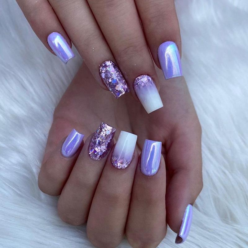 24Pcs Short Square Press On Nails Simple Gradient Silver Sequin French Full Cover Fake Nails