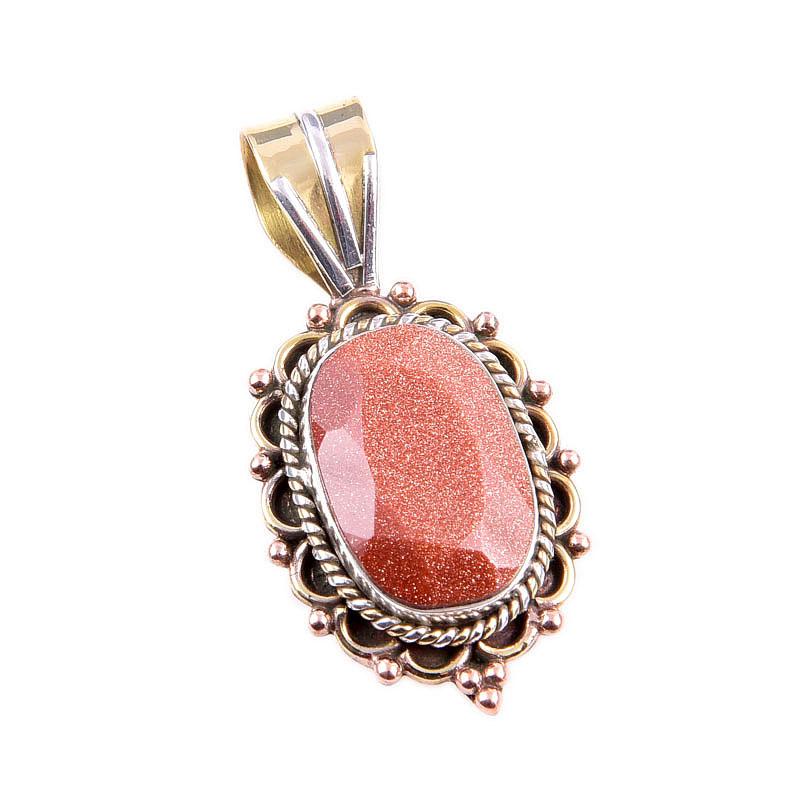 Natural Sunstone Gemstone 925 Solid Sterling Silver Two Tone Pendant 1.5" Y2C26