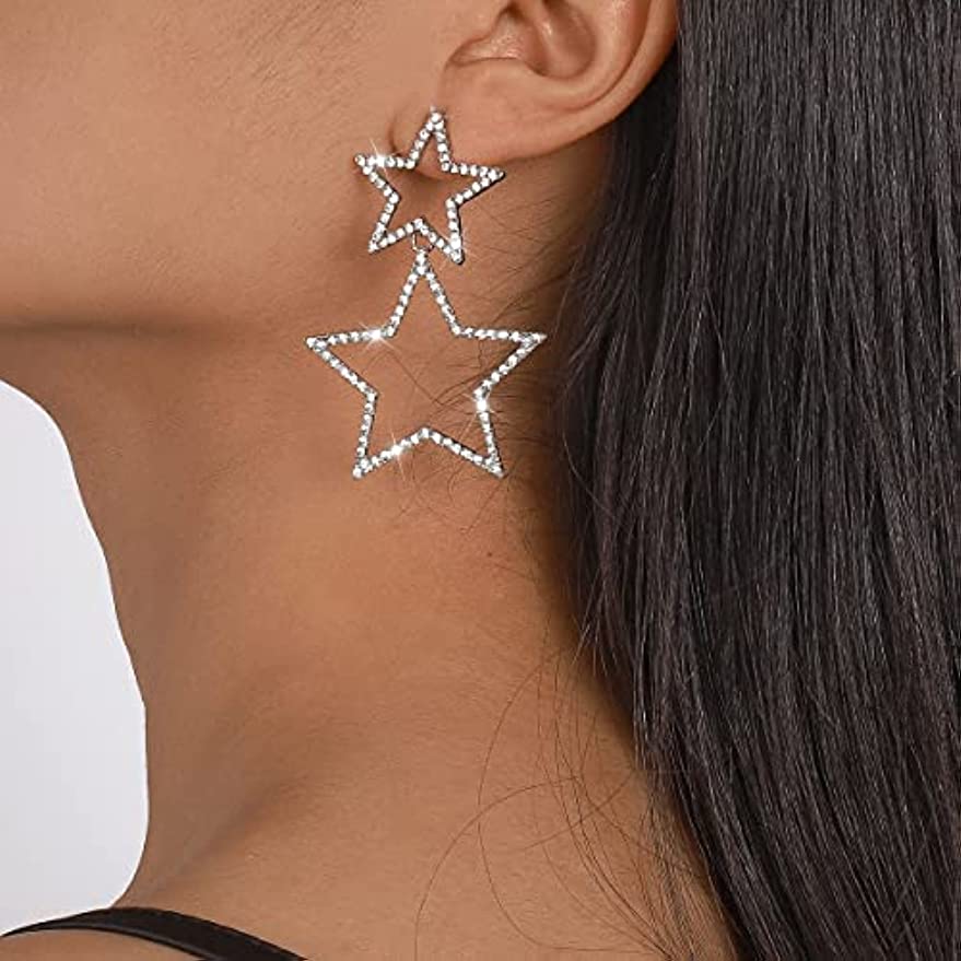 Star Earrings for Women Dangling Siver Rhinestone Big Star Earrings Dangle Gold Sparkle Star Drop Earrings Fashion Jewelry