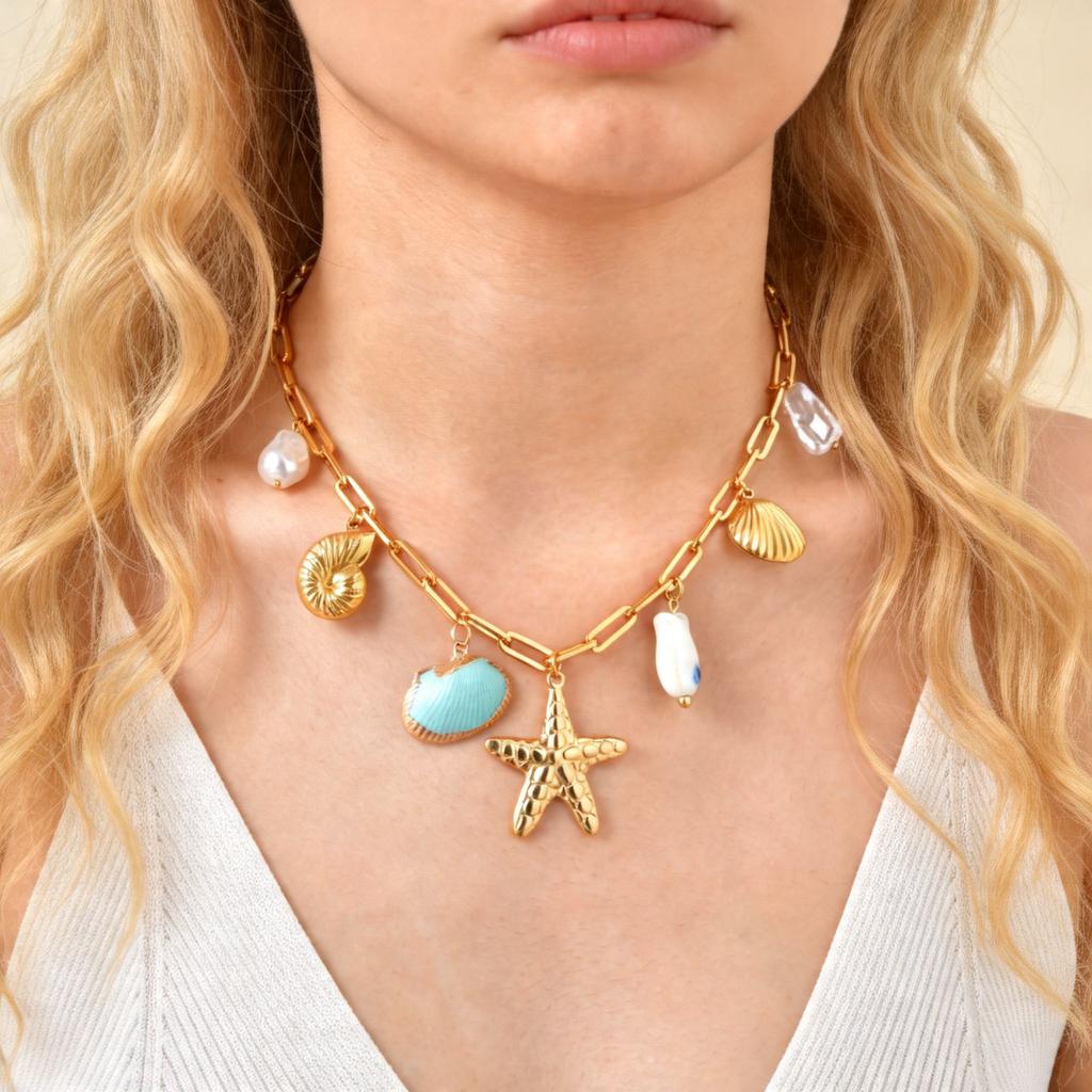 Statement Ocean Style Starfish Necklace Stainless Steel Chain Conch Shell Pendant Exaggerated Handmade Holiday Jewelry Gift
