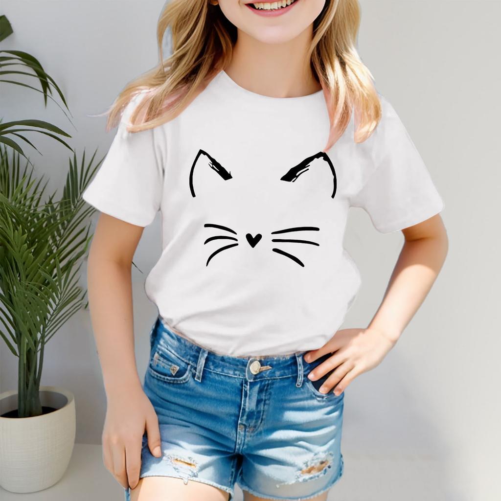New Cat Face Print Children T-Shirt Short Sleeve Round Neck Loose Kids T-Shirt Ladies T-Shirts Children Casual T-Shirt Clothing