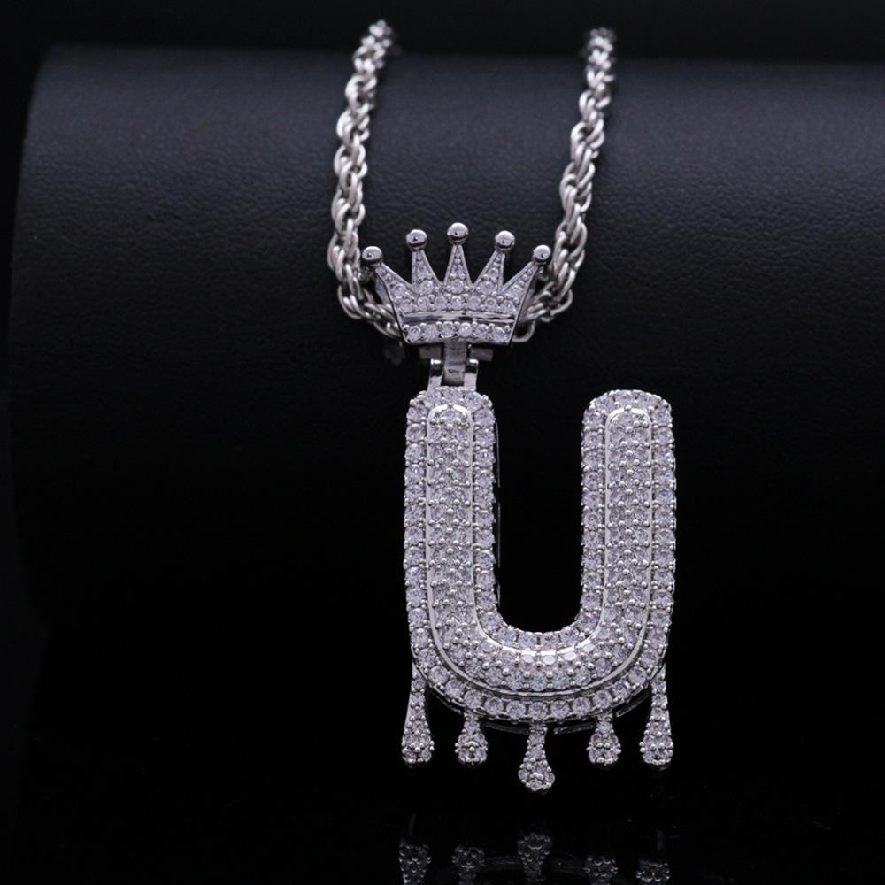 Stylish Hip Hop Zircon Crown Pendant Necklace with 26 English Letters for Women