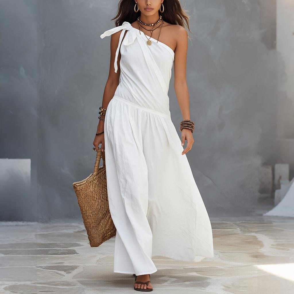 Women One Shoulder Dress Sleeveless Maxi Dress Asymmetric Hem Casual Summer Dress with Ruffle Detail and Tie Strap